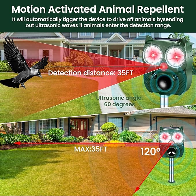 Cat Repellent Outdoor, Solar Ultrasonic Animal Repellent Outdoor with Motion Sensor Waterproof Cat Deterrent to Scare Cats Dog Deer Raccoon Skunk Squirrel