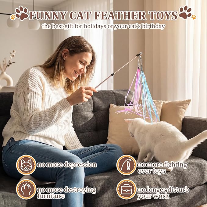 60 Pcs Cat Wand Feather Toys Refill Colorful Cat Wand Replacement Feathers Toy for Interactive Kitten Fishing Pole Feather Attachments with Bells for Stray Cats to Exercise (Feather-Mix)