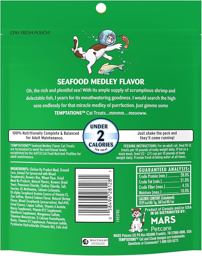 Temptations Cat Treats, Classic Crunchy and Soft Cat Treats, Seafood Medley Flavor, 6.3 oz. Pouch (Pack of 10)