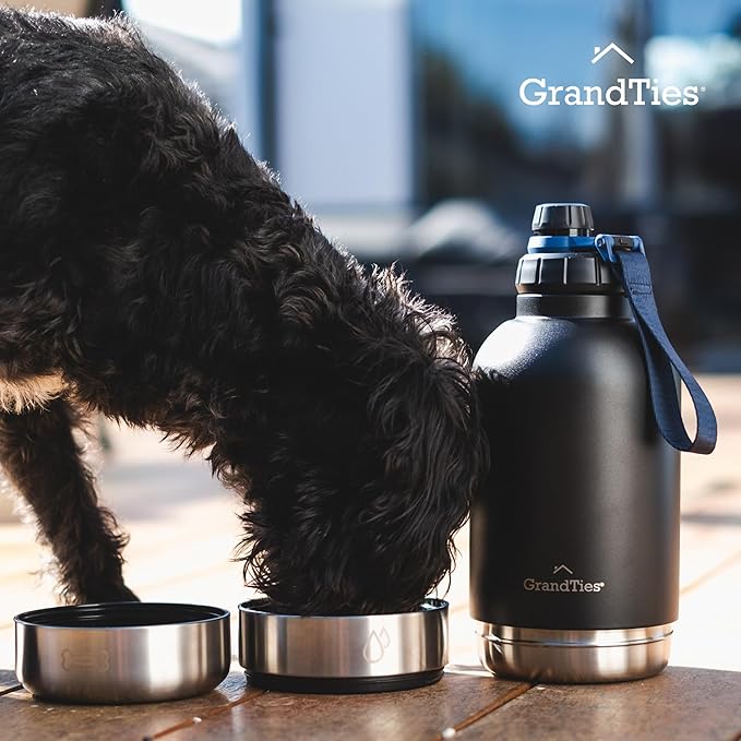 GrandTies Insulated Portable Water Bottle with 2 Detachable Dog Bowl Dispenser | Leak-Proof Food Travel Container | Walking, Hiking, Camping Accessory (64oz, Matte Black)