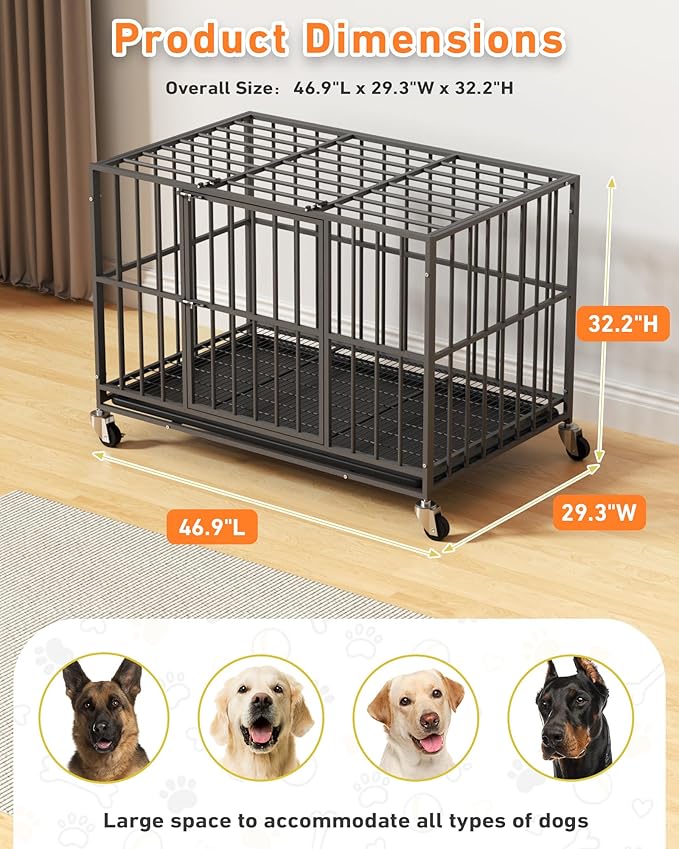 48 inch Heavy Duty Dog Crate with Dual Doors and Lockable Wheels, Large Dog Kennel Indoor, Removable Tray for Easy Cleaning, Dog Cage for Medium to Large Breeds and Anxious Dogs