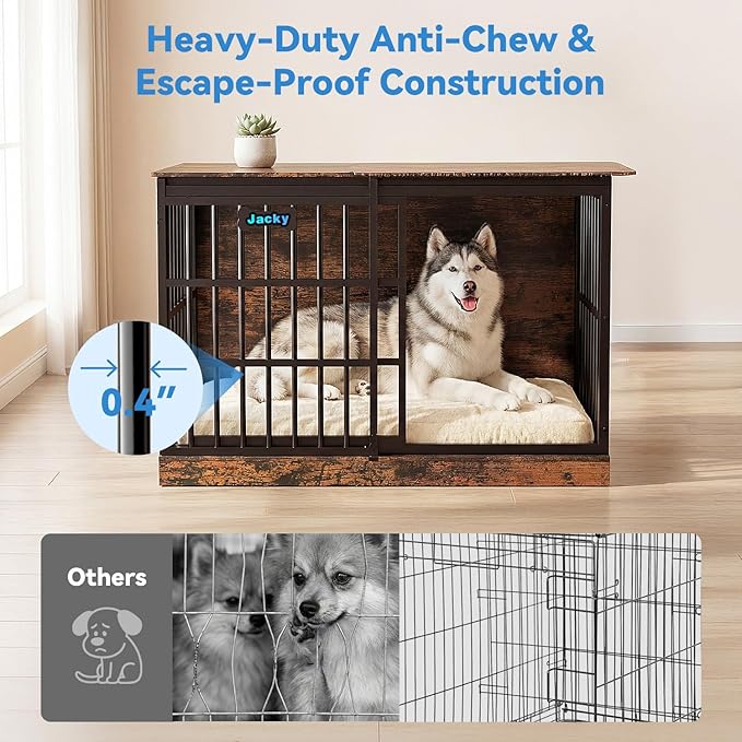 Petrova 47" Dog Crate Furniture for 1 Dogs, Heavy Duty Indoor Dog Kennel for Medium/Large Dogs, Wooden Dog Cage with Sliding Barn Door, Name Tag, Rustic Brown