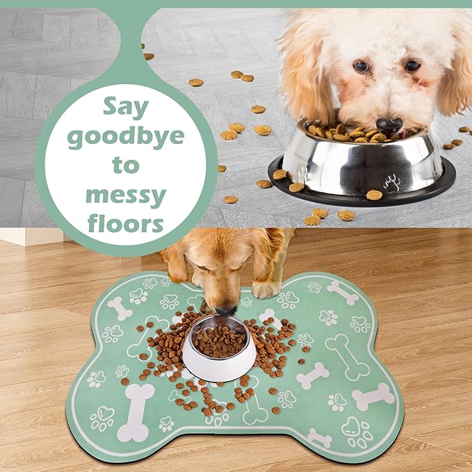 Dog Cat Mat for Food and Water,Rapid Absorbent Pet Feeding Mat, Bone Shaped Dog Placemat Bowl Mat with Rubber Backing,No Stains Pet Food Mats Indoor, Pet Accessories Supplies,Green 23"×36"