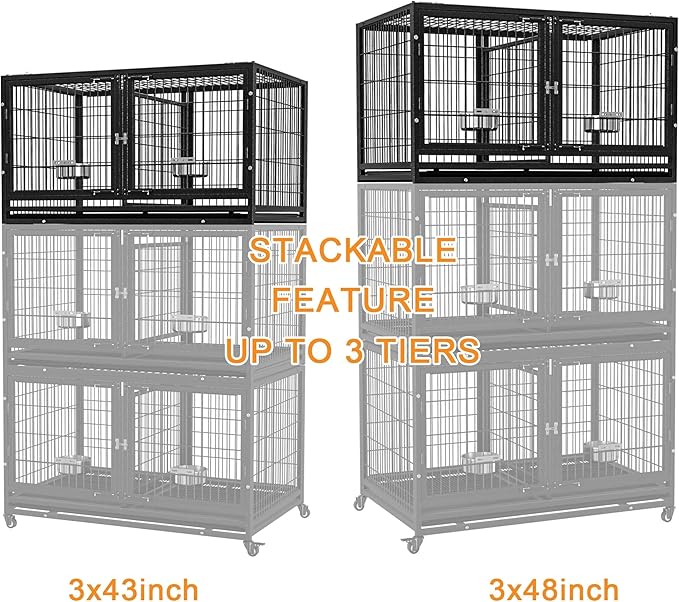 48 inch Heavy Duty Dog Crate for Large Dogs, Stackable Dog Kennels and Metal Wire Cages with Feeding Bowls, Leak-Proof Pans, Removable Wire Trays and Divider, Extra Large XL XXL
