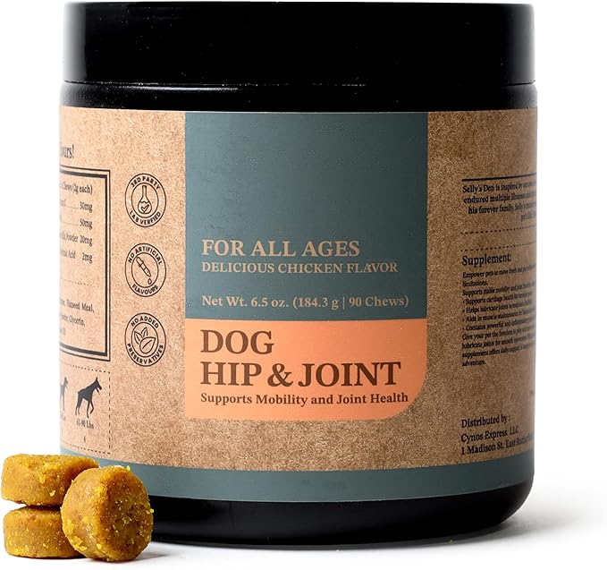 Selly’s Den Dog Hip and Joint Supplement for Mobility - Glucosamine, Chondroitin and MSM for Joint Health Relief - Made in USA - Chicken Flavor Soft Chew - 90 Count