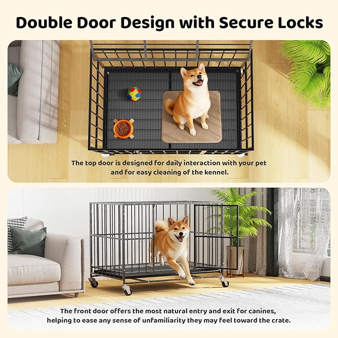 42 Inch Heavy Duty Dog Crate, Indestructible Escape-Proof Dog Kennel for High Anxiety Large Dogs, Strong Metal Pet Cage with Double Doors, Lockable Wheels & Removable Tray, XL XXL XXXL