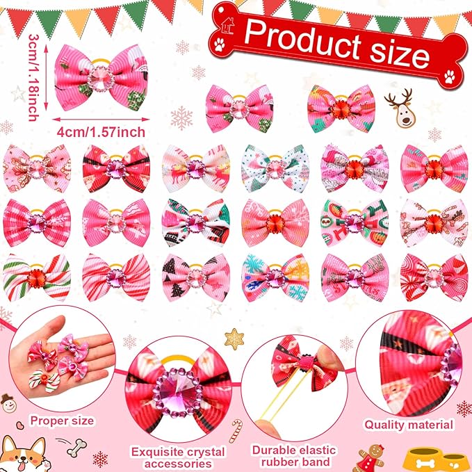 Tondiamo 100 Pieces Pink Valentine Dog Hair Bows with Rubber Bands Red Purple Rhinestone Puppy Grooming Topknot Bow Candy Tree Santa Reindeer Pet Hair Accessories for Small Girl