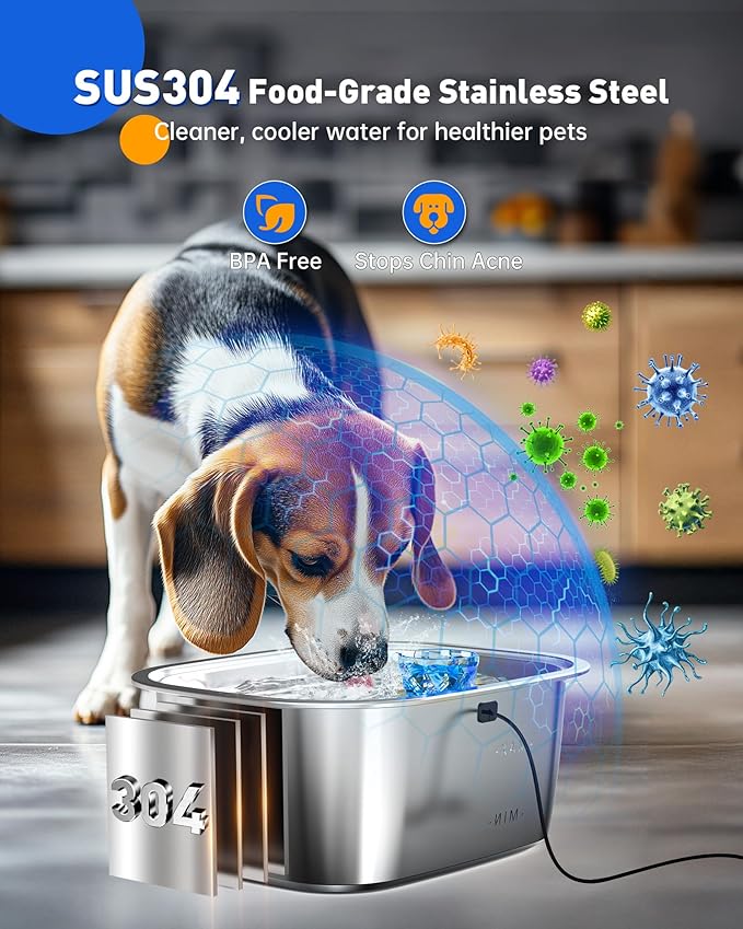 PETNF 3-Gallon Stainless Steel Dog Water Fountain for Large Dogs, Dog Water Bowl Dispenser with 2 Filters, Visible Water Window, Quiet Pump & LED Low-Water Indicator