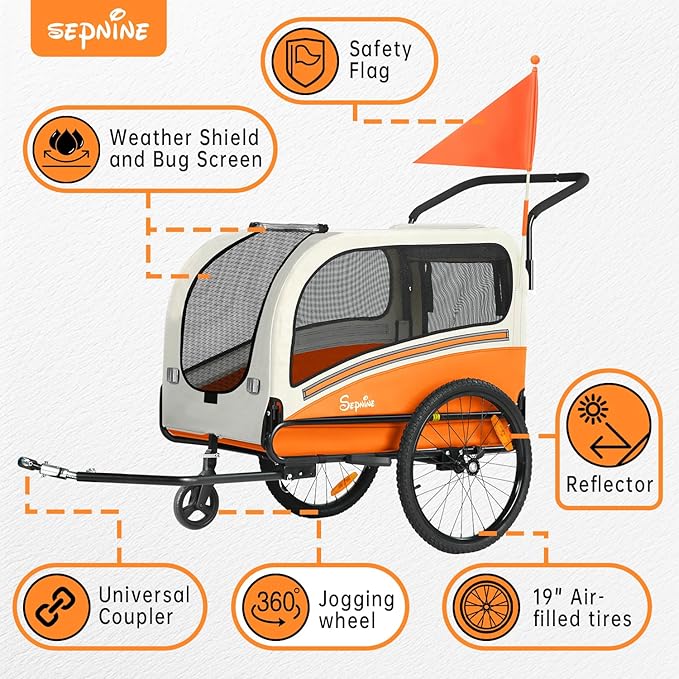 Sepnine Dog Bike Trailer, Supports up to 110 lbs, 2-in-1 Pet Stroller Cart Bicycle Carrier, Easy Folding Cart Frame with Quick Release Wheels, Universal Bicycle Coupler, Non-Slip Floor, Internal Leash