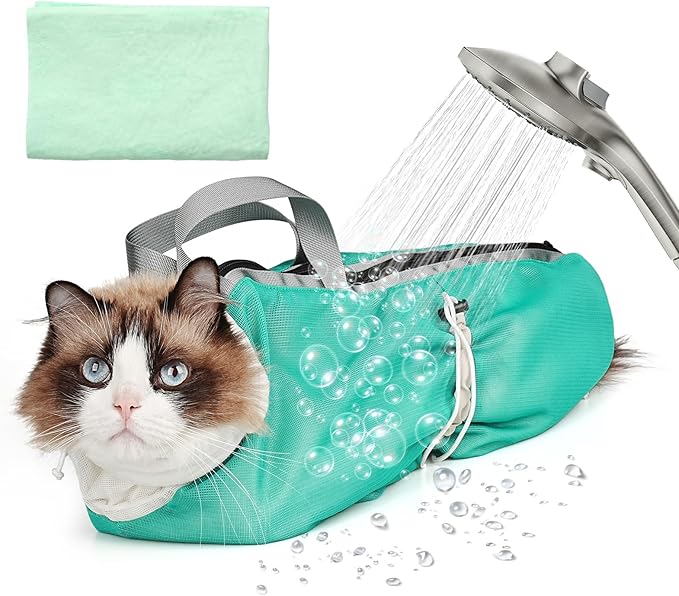 Cat Bathing Bag Anti Scratch Bite Breathable Mesh - Adjustable Cat Grooming Bag for Nail Trimming, Injections, Medication, Dental Care, Vet Visits, Cats Shower Bag with Zippers,Green