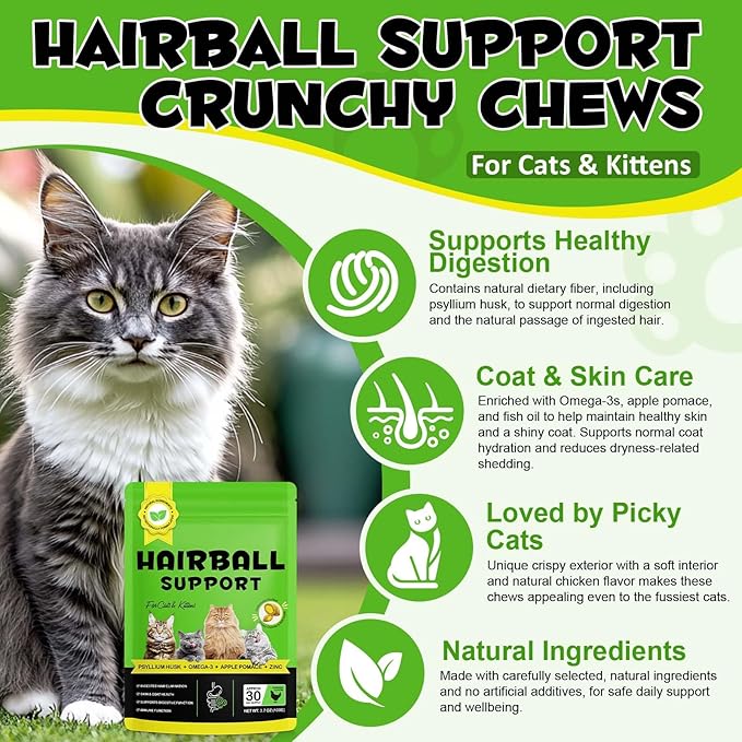 Cat Hairball Support Chews, Crunchy & Soft Chicken Flavor, Hairball Remedy Treat with Psyllium Husk & Omega-3, Supports Healthy Digestion, Skin & Coat, 30-Day Supply