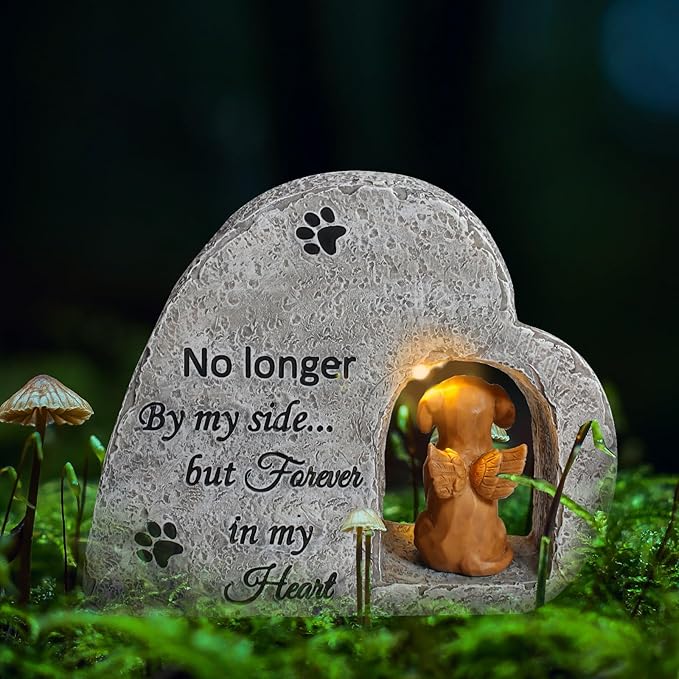 Solar Dog Pet Memorial Stone with A Angel Puppy Memorial Statue, Dog Grave Marker Or Garden Memorial Stone-No Longer by My Side But Forever in My Heart