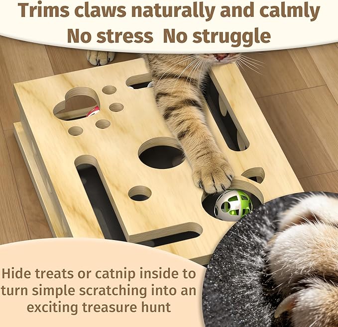 Cat Nail File Enrichment Box, Cat Scratch Puzzle Box with Replaceable Filing Pad, Stress-Free Grooming Toy for Indoor Cats