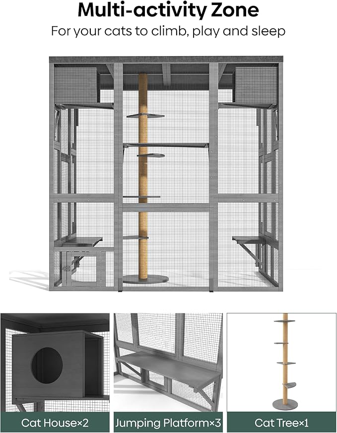 Catio Outdoor Cat Enclosure, Walk-in Large Catio with Window Access, Wall-Mounted Window Catio for Multiple Cats with Cat House, Waterproof Cover & Sunshine Roof, Grey