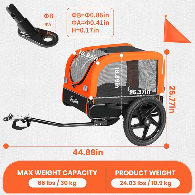 Sepnine Dog Bike Trailer, Dog Cart for Bicycle, Suitable for Small and Medium Pets, Easy Folding Cart Frame, Quick Release Wheel, Non-Slip Floor, Internal Leash, 66LBS Orange