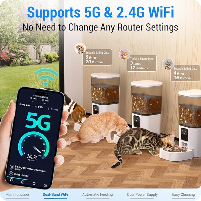 Automatic Cat Feeder with 5G WiFi: Automatic Dog Feeder with APP Control, 7L Timed Auto Cat Food Dispenser with Alexa for Multiple Pets, Detachable for Easy Cleaning - ACF80W