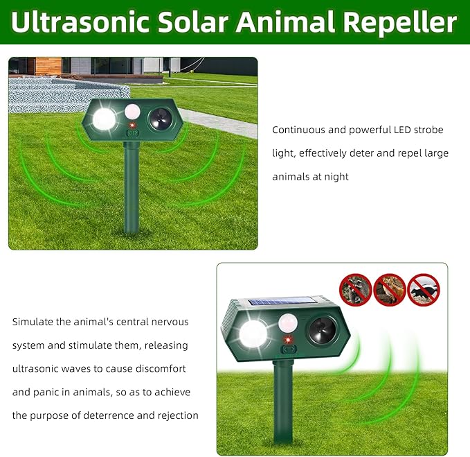 2026 Upgraded Solar Ultrasonic Animal Repellent Cat Deterrent Outdoor Motion Activated with Flash Light Repeller Keep Squirrel Deer Dog Raccoon Skunk Rabbit Away from Yard Garden Lawn 4 Pack