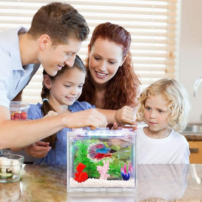 Small Betta Fish Tank, Aquarium Tank Kit with LED Lighting, 0.6 Gallon Stackable Fighting Fish Tank Set, Fish Bowl Accessories for Turtle Reptile Shrimp Crab Insects as Decoration
