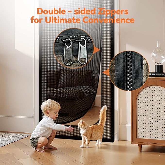 BFNN Cat Screen Door, Extra Tall Cat-Proof Mesh Gate, Fit Door Size 36'' x 82'', Anti Scratch Mesh with Zipper Closure, for Living Room, Kitchen, Bedroom (Black)