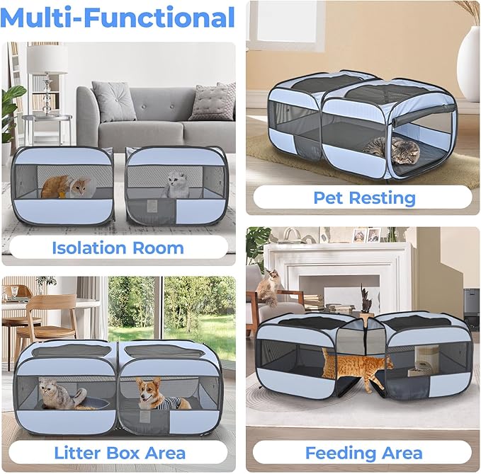 2-in-1 Pop Up Cat Playpen, Detachable into 2 Separate Pens with Additional Doors, Assembly-Free Portable Dog Crates Pet Pen Tent Kennel Kitten Puppy Enclosure Cage Indoor Outdoor Foldable Condo(M)