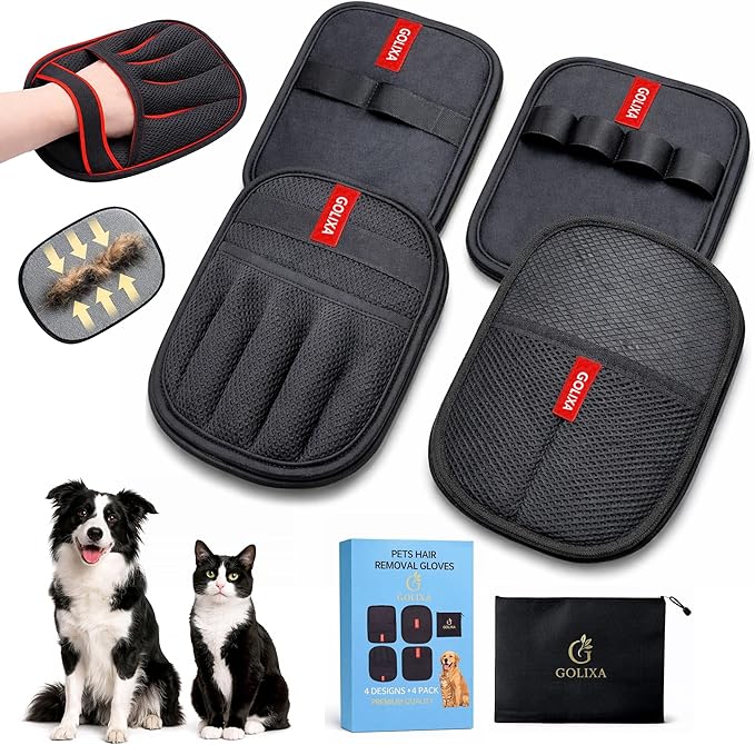 4 Pcs Pet Hair Removal Glove for Dogs & Cats, 4 Designs Electrostatic Magic Brush Pet Hair Remover, Reusable Dog Hair Remover, Washable Pet Grooming Tools for Carpet, Sofa, Clothes & Car Seats