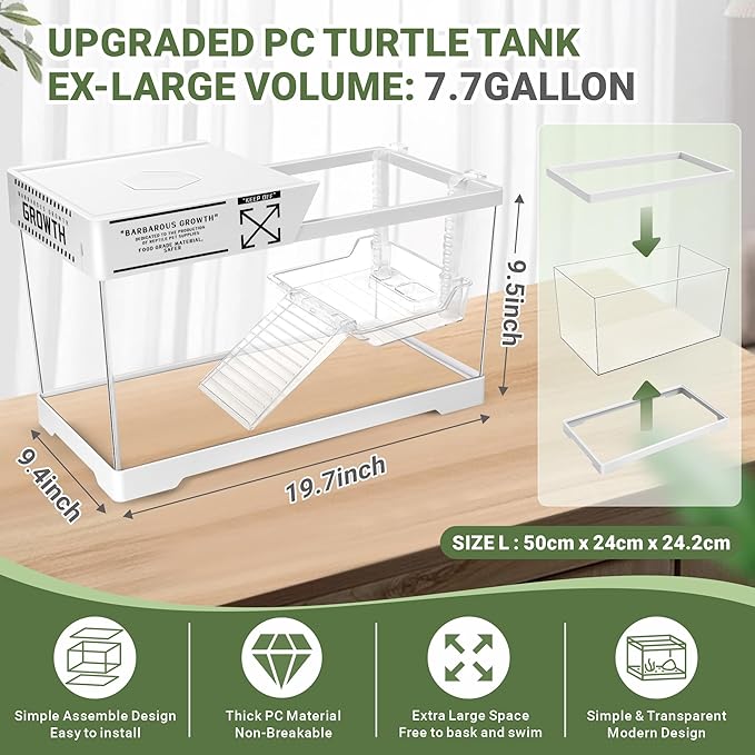 GOZILLA Aquatic Turtle Tank+Lamp+Filter Kit, Upgrade PC Turtle Tank Kit with Adjustable 360°Lamp & Filter,Reptile Habitat Lid,Hanging Platform for Small Reptiles.(19.68× 9.52× 9.44''/Large-White)