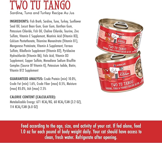Weruva Cats in The Kitchen, Two Tu Tango with Sardine, Tuna & Turkey Au Jus Cat Food, 6oz Can (Pack of 24)