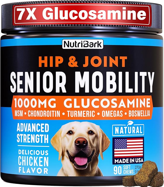 Glucosamine for Dogs -1000mg- Senior Dog Joint Supplement -Advanced Hip & Joint Support Chews w/Glucosamine, Chondroitin, MSM, Turmeric & Omega 3 for Pain & Inflammation Relief, Improved Mobility