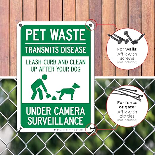 Pet Waste Leash-Curb and Clean Up After Your Dog Under Camera Surveillance Sign, 10x7 Inches, 55 mil Thick HDPS (high Density polystyrene), Made in USA