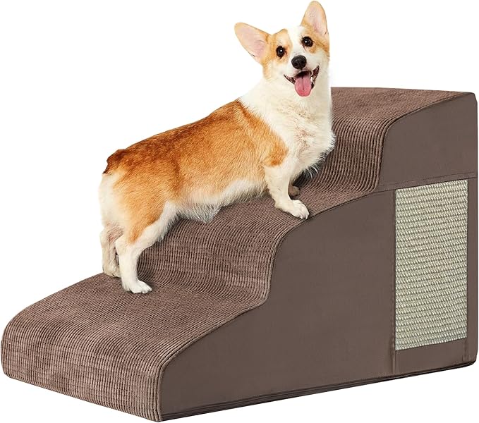 Pet Stairs, Dog Stairs for Small Dogs, Dogs Steps, 3-Step Curved Dog Ramp for Bed, Couch, Sofa, Car and Chair, Non-Slip Bottom Design, Cat Scratching Board, High Density Foam Portable Pet Step, Coffee