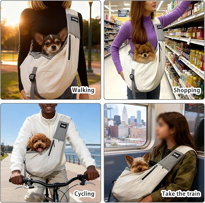 NATUYA Dog Sling Carrier for Small Dogs, Lightweight Cozy Puppy Carrier with Zip Pockets Adjust Strap, Size Adjustable, Double Safety, Hands-Free Travel Carrier for Pet Under 15lbs