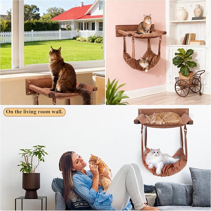 JSPYFITS Wooden Cat Wall Hammock, 18.9 x 12.6 Inch Double Layer Cat Furniture Hammock, Large Removable Multi-Function Cats Bed for Sleep/Play/Climb/Lounge Easy DIY Installation(Brown)