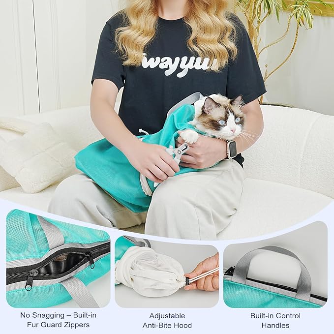 Cat Bathing Bag Anti Scratch Bite Breathable Mesh - Adjustable Cat Grooming Bag for Nail Trimming, Injections, Medication, Dental Care, Vet Visits, Cats Shower Bag with Zippers,Green