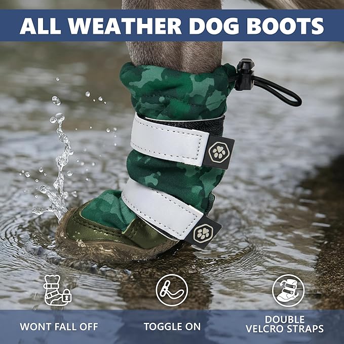 Spark Paws Dog Shoes, Waterproof Dog Boots for Medium to Large Dogs, Non Slip, Breathable Dog Booties and Paw Protectors - 4PCS Doggie Hiking Boots with Reflective Straps, Green Camo, Size 6