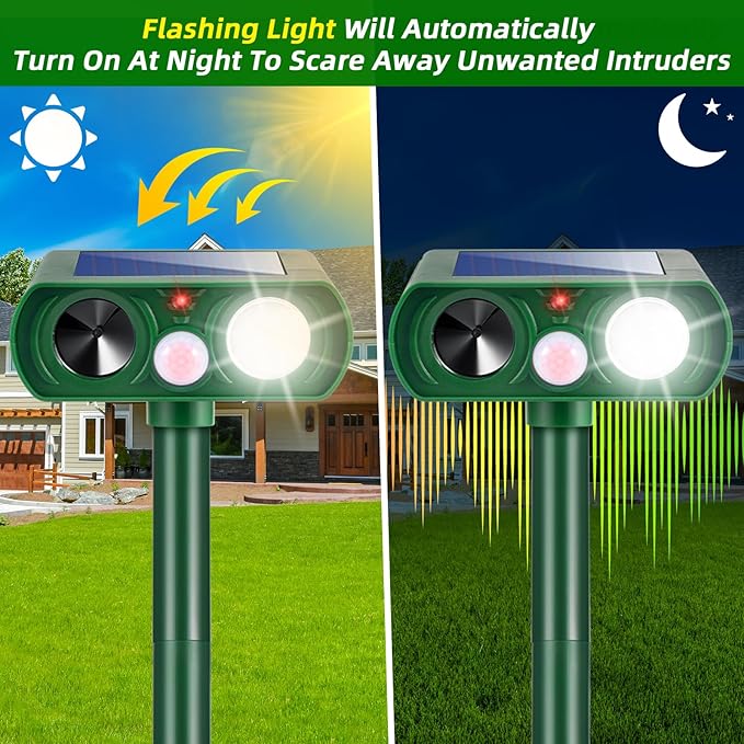 2 Pack 2026 Solar Ultrasonic Animal Repellent Outdoor IP65 Waterproof Motion Activated Cat Deterrent & Deer Repellent Devices Ultrasonic Pest Repeller for Raccoon, Squirrel, Rabbit, Dog, Skunk, Rodent