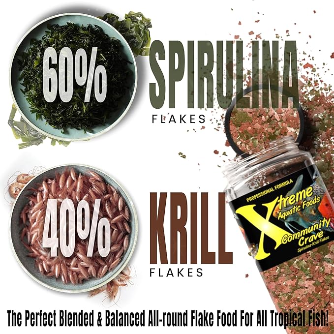 Xtreme Community Crave Flake - Krill & Spirulina Blend for Vibrant Colors, Immune Support and Digestive Health, Tropical & Freshwater Fish Nutrition – Premium Community Aquarium Food (16oz)