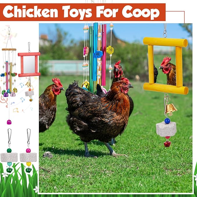 7 Pcs Chicken Toys, Hanging Chicken Wind Chime, 2 Pcs Coop Mirror Toys with Bells 4 Pack Beak Grinding Stones, Musical Coop Accessories for Hen Rooster Chick Poultry Bird (Rose Red, Yellow)