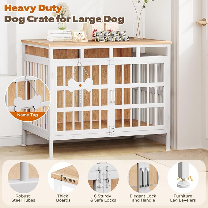 Large Dog Crate Furniture, Wooden Dog Kennel Furniture for Medium Large Dogs, Double-Doors Sturdy Metal Dog Cage for Anxiety Dog, Anti Escape Wooden Cage with Name Tag End Table, TV Stand Beige