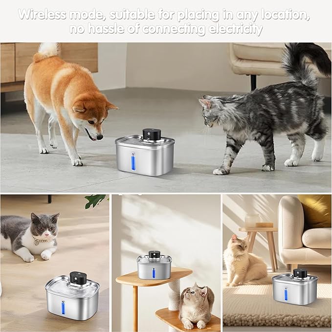 Wireless Cat Water Fountain Stainless Steel, 5L/169oz Automatic Pet Water Dispenser with 5000mAh Battery, 3 Modes (Sensor/Timer/Continuous), Ultra Quiet Pump & 6 Replacement Filters for Cats & Dogs