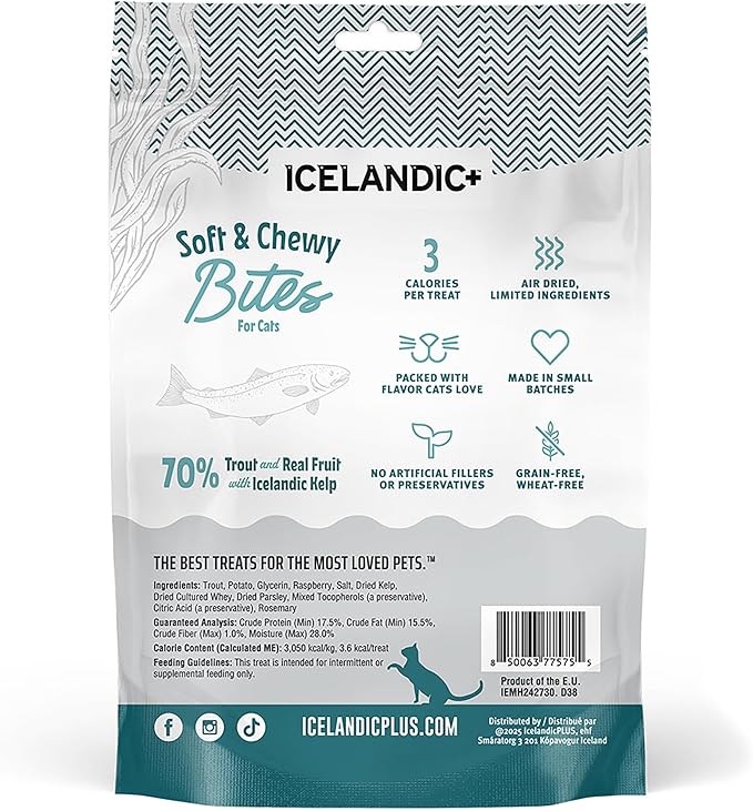 Icelandic+ Soft & Chewy Bites - Trout, Raspberry & Kelp - 1.8oz Cat Treats, 70% Meat & Fruit, Air-Dried, Limited Ingredients, Pet Snack, Grain Free