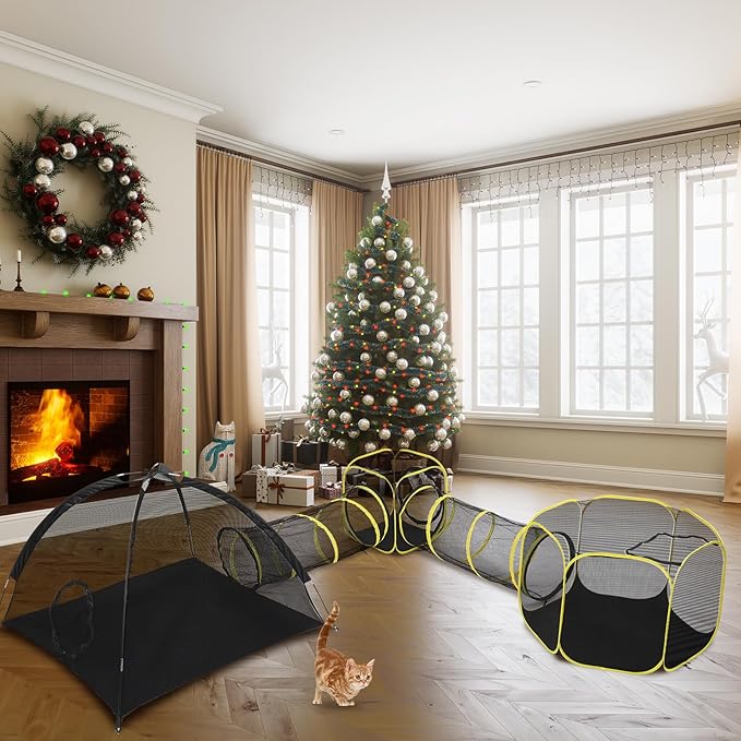 VINGLI Cat Tunnel, Outdoor Cat Enclosure, Large Catio, Outdoor Tunnels for Kittens with Storage Bag (Black&Yellow, 5 in 1)