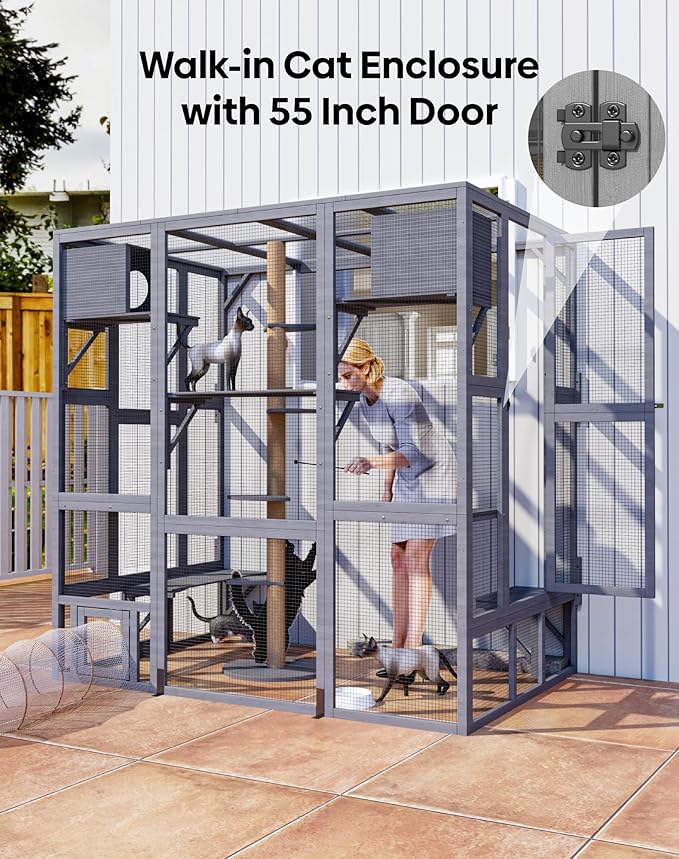 Catio Outdoor Cat Enclosure, Walk-in Large Catio with Window Access, Wall-Mounted Window Catio for Multiple Cats with Cat House, Waterproof Cover & Sunshine Roof, Grey