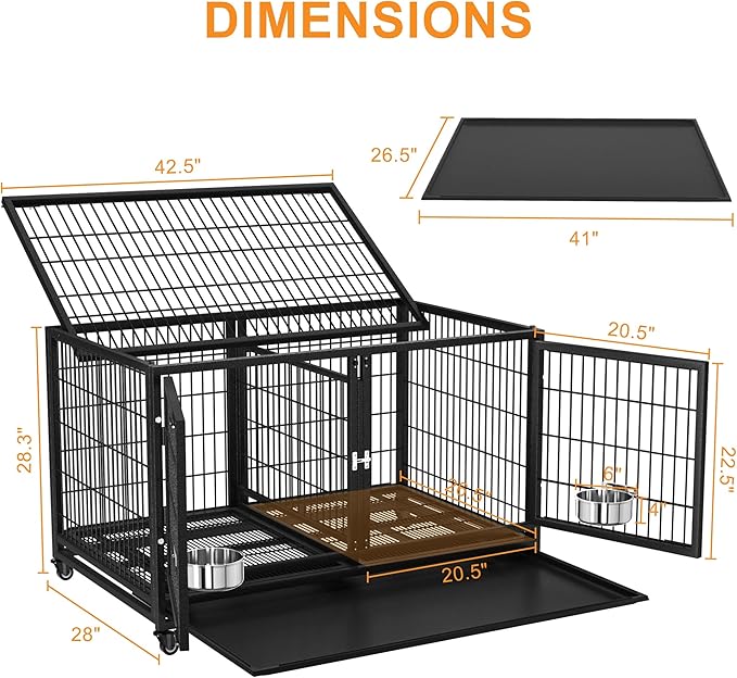 43 inch Heavy Duty Dog Crate for Large Dogs, Stackable Dog Kennels and Metal Wire Cages with Feeding Bowls, Leak-Proof Pans, Removable Wire Trays and Divider, Extra Large XL XXL