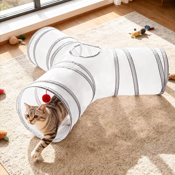 Love’s Cabin Cat Tunnel for Indoor Cats, 3-Way Collapsible Play Tunnel with Teaser Wand, Peek Holes & Toy Ball, Small Pet Toy for Kittens & Rabbits, White & Light Grey, Small Size