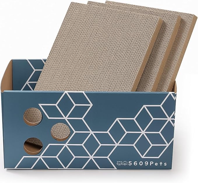 Extra Large Cardboard Cat Scratcher with 3 Refillable Double-Sided Scratch Pads, No‑Mess Cat Scratching Box for Indoor Cats