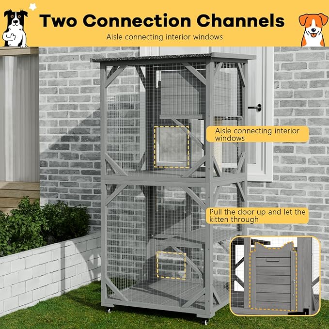 OFIKA Outdoor Catio Cat Enclosure with Waterproof Roof,Platforms,Upgraded Resting Box, 70.4’’cat Houses & Condos on Wheels for Outdoor Patio,Cat Window Box,Scratching Post（Grey0）
