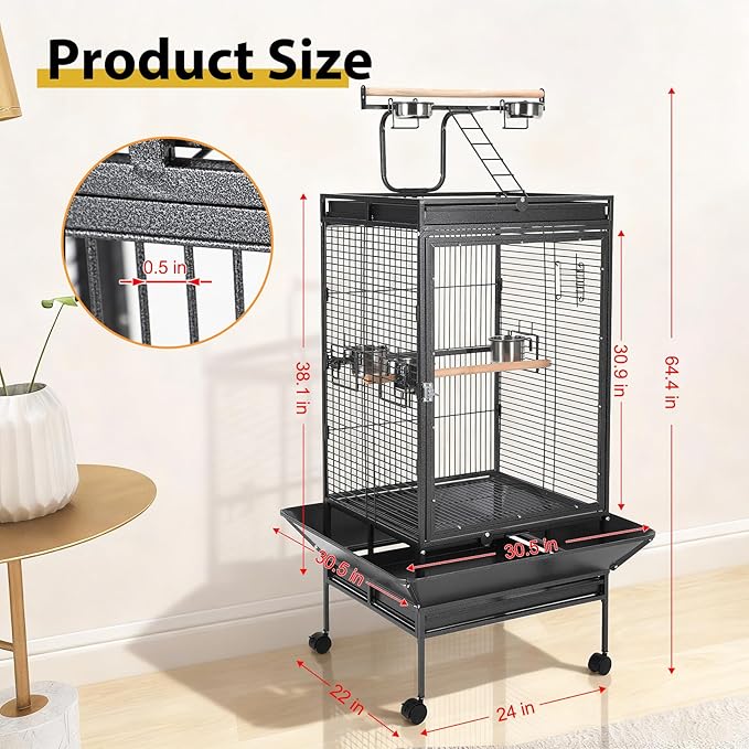 Heavy-Duty 68'' Wrought Iron Parrot Cage – Acrylic Door, 360° Rolling Stand, Perches, Stainless Steel Bowls, Escape-Proof, Easy Clean – Spacious Aviary for Macaws, Cockatoos, African Greys,