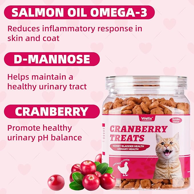 Wellix 13.05oz Urinary Tract Health Cat Treats for Indoor Cats - Cranberry&D-Mannose for UT,Kidney,Bladder Support - Chicken Formula Crunchy Kitten Training Snacks Chews