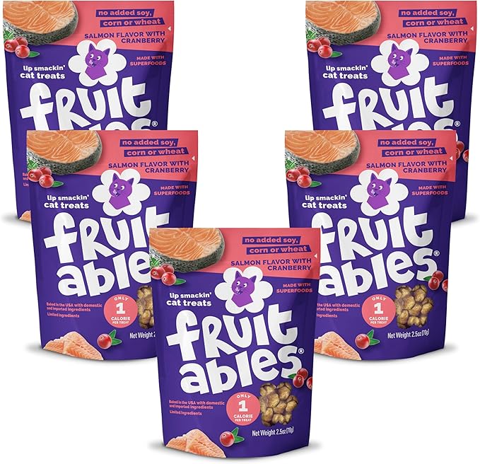 Fruitables Cat Treats - Healthy Low Calorie Crunchy Cat Treats - Packed with Protein, Limited Ingredients - Made with Real Salmon & Cranberry 2.5 oz (5 Pack)