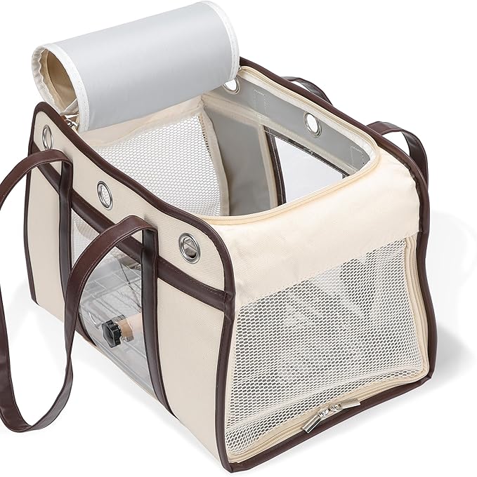 Sanmoncare Stylish Bird Carrier with PU Leather Handle, Portable Parrot Travel Bag for Cockatiels & Conures, Lightweight Bird Cage with Stainless Steel Tray & Side Door for Easy Cleaning, White